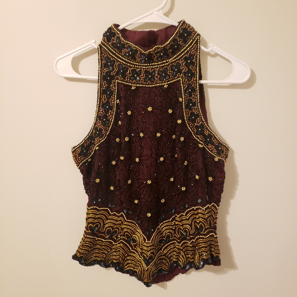 Vintage Papell Boutique Evening Beaded Silk Floral Top. Plum Color Size Medium.